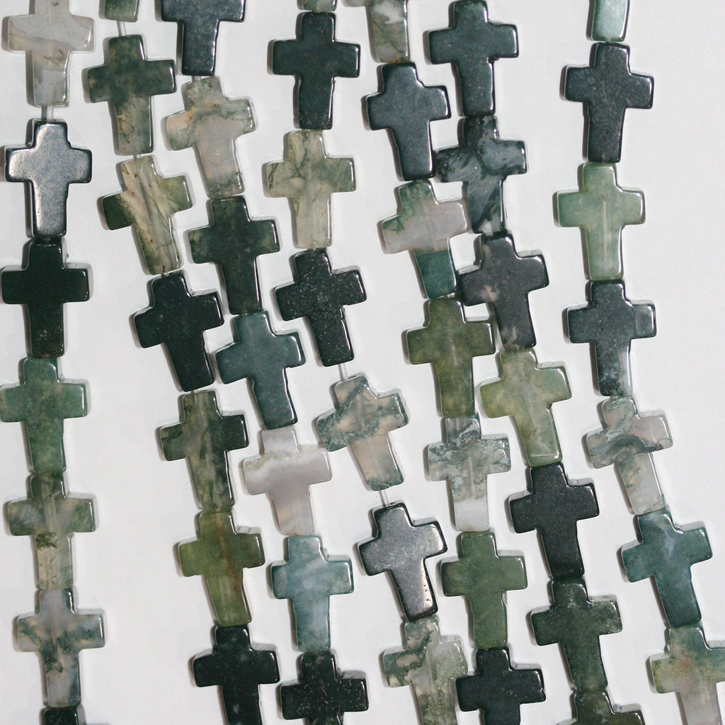 Cuentas cruzadas lisas de ágata musgosa de 16" (14 x 10 mm) - Hilo de 40 cm