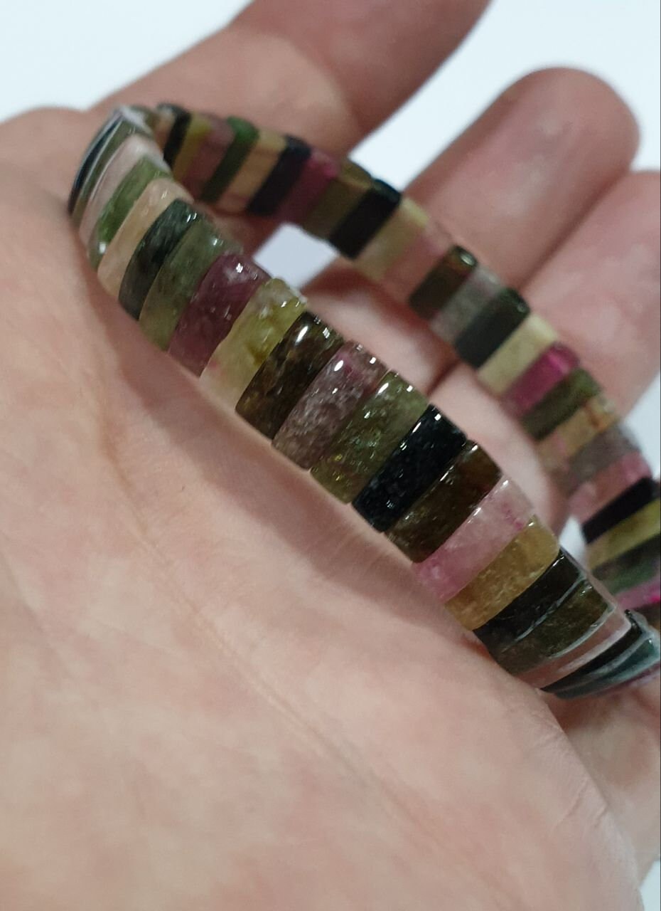 Bracelet extensible en tourmaline naturelle multicolore, perles 8x3 mm - Fournisseur de bijoux à perles doublement percées