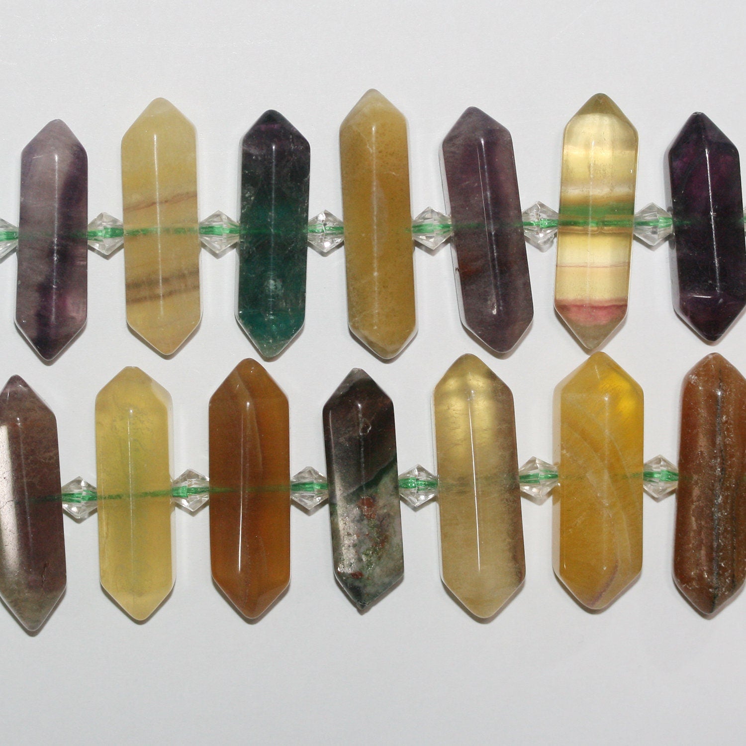13" St Fluorite Degrade faceted point Beads 26x10-36x10mm.Approx.-Strand 37cm.