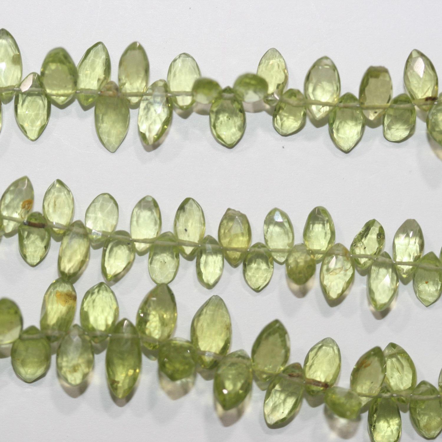 Perles de péridot facettées en forme de marquise, 8 x 5 mm, environ 20 cm de long.