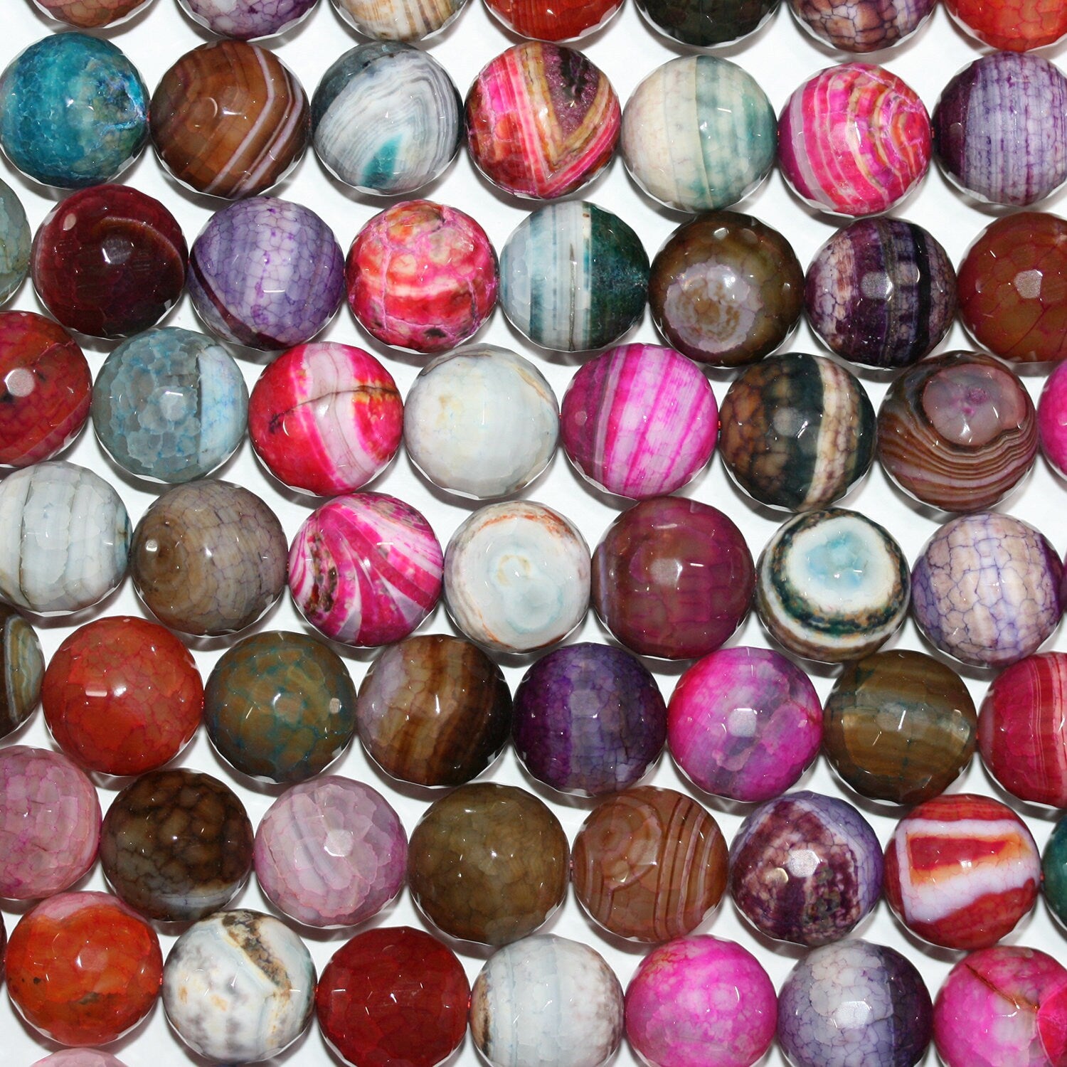 15" Perles rondes à facettes en agate multicolore 14 mm. Fil de 38 cm.