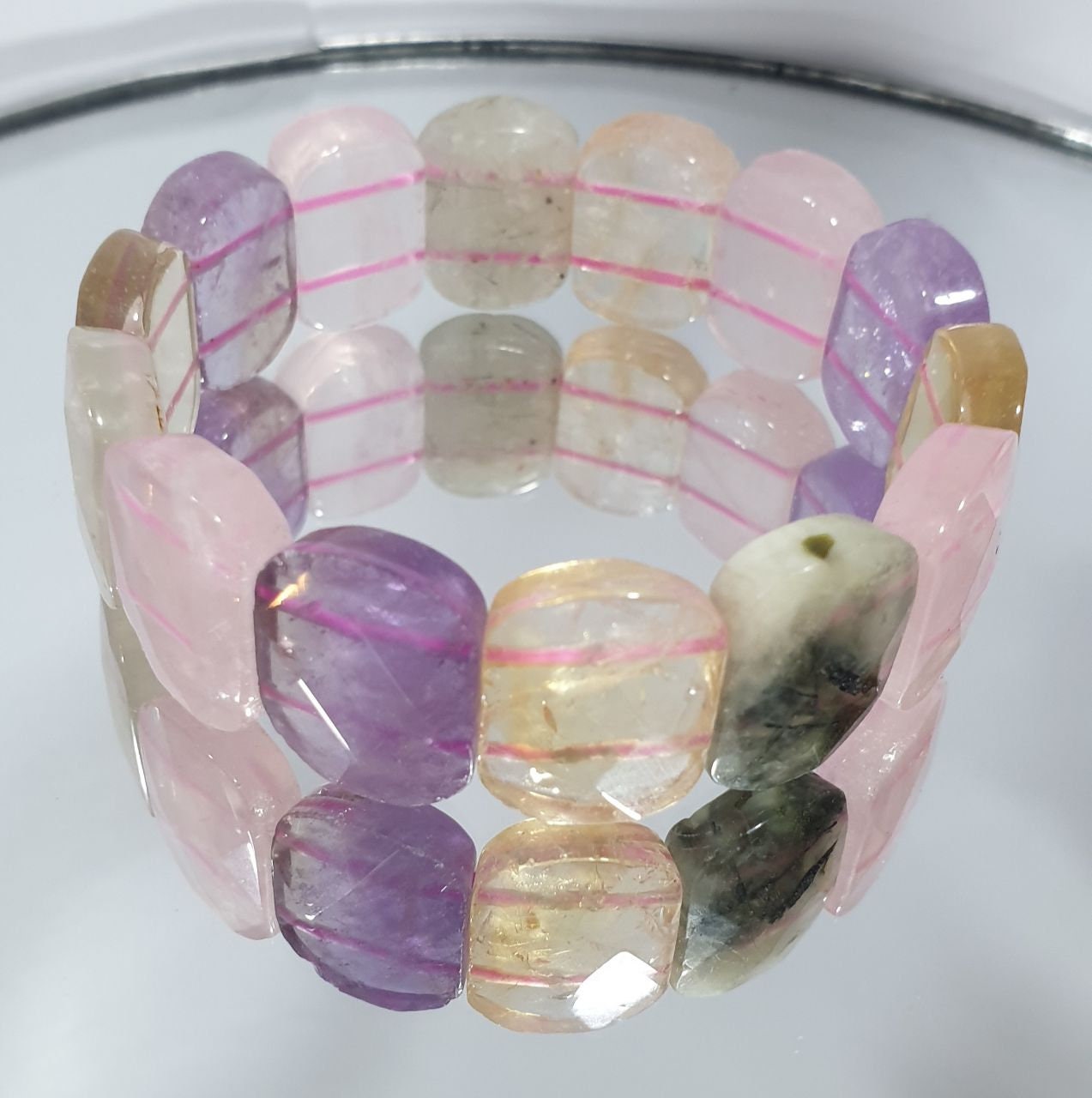 Bracelet extensible multi-chakras, perles à facettes 20 x 15 mm - Perles doublement percées - Fournisseur de bijoux - Pouvoir de guérison - Améthyste rose et cristal de quartz