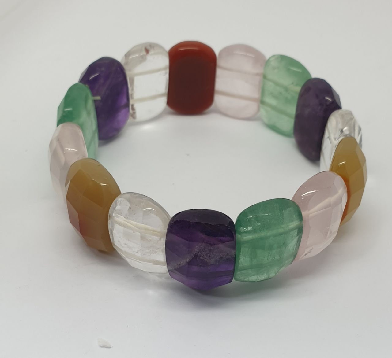 Bracelet extensible multi-chakras, perles à facettes 20 x 14 mm - Perles doublement percées - Fournisseur de bijoux - Pouvoir de guérison - Améthyste rose et cristal de quartz