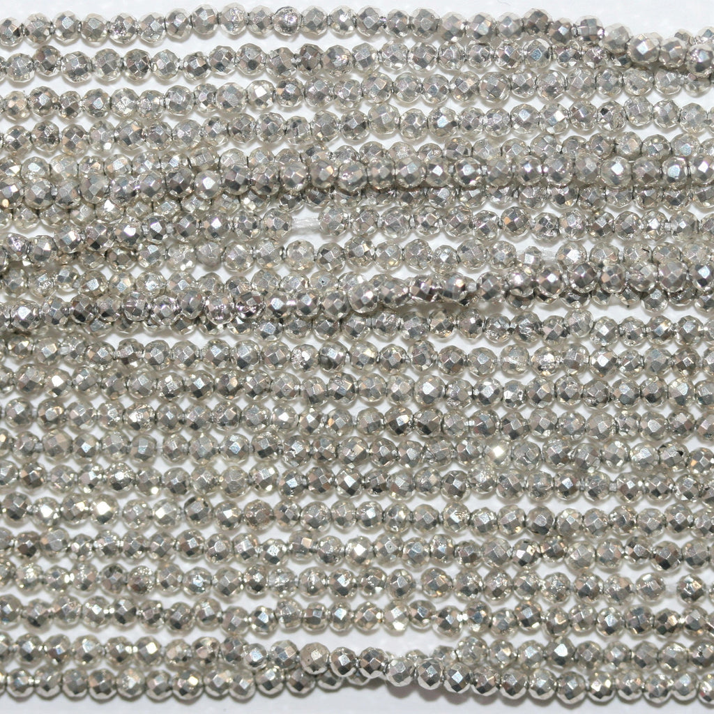 13" St. Silver Pyrite Faceted Round Beads 2mm.- Strand 34cm.