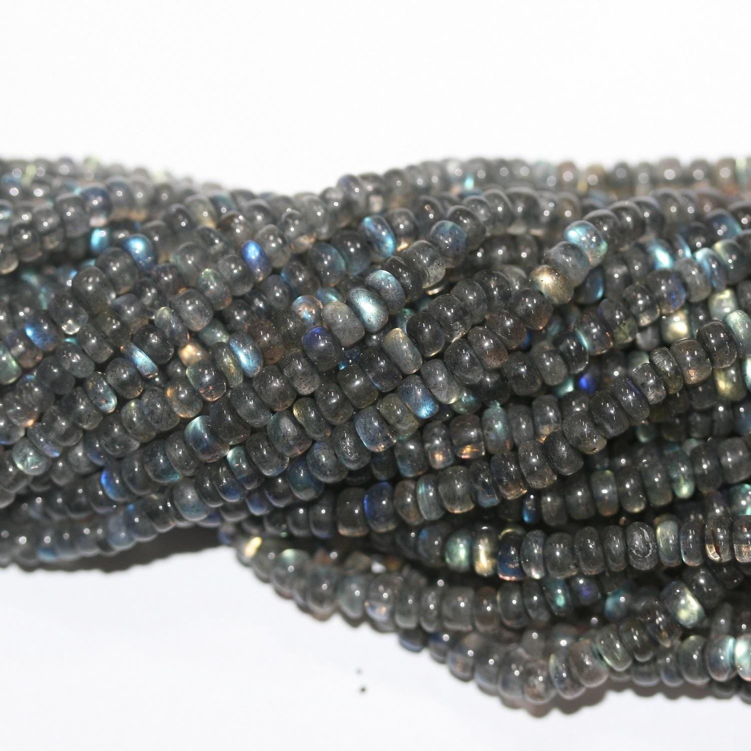 Cuentas redondas lisas graduadas de labradorita de 16". 4 x 2,5 mm - 3 x 2 mm - tira de 40 cm.