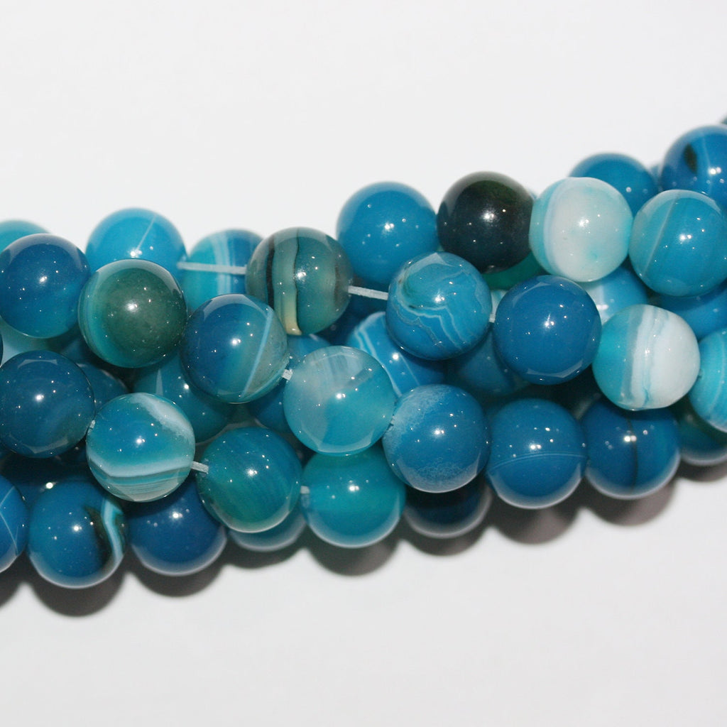 Cuentas redondas lisas de ágata azul rayada de 16" (12 mm) - Hilo de 40 cm