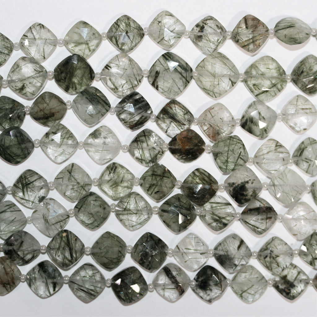 Perles de quartz tourmaline facettées en forme de diamant de 8 pouces, 10 mm - Fil de 20 cm.