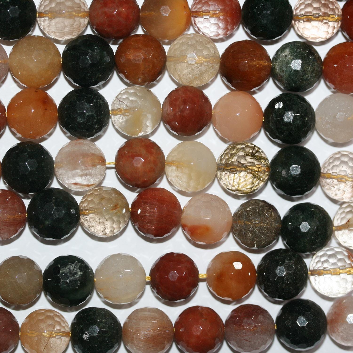 Cuentas redondas facetadas de cuarzo rutilado de 16" (14 mm) - Hilo de 40 cm