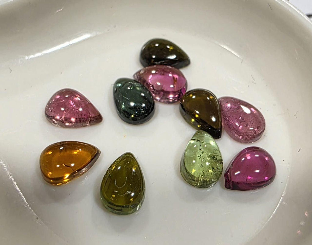 Lote de 10 cabujones de turmalina múltiple (6 x 4 mm) - Turmalina rosa y verde - Turmalina sandía
