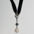 Black Velvet W/ Pearl And Silver Necklace Long 50cm