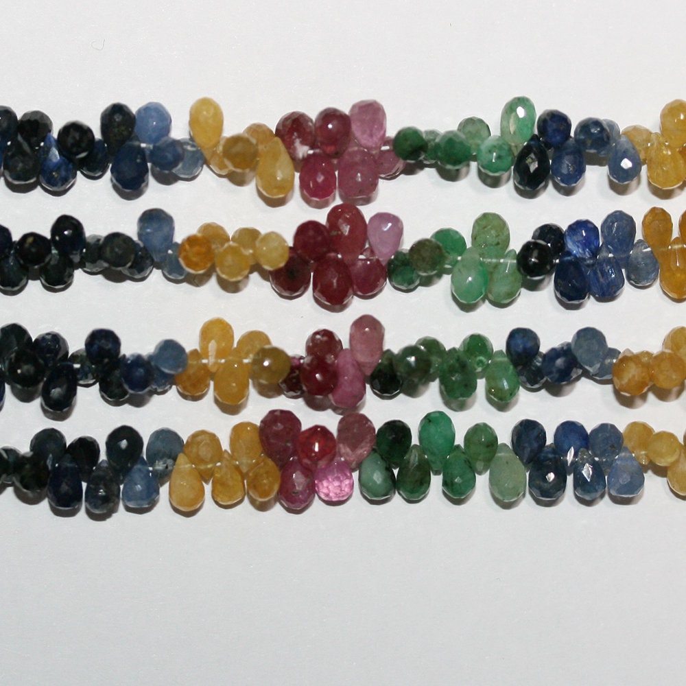 Perles en forme de goutte à facettes en rubis-saphir-émeraude de 8 pouces, 5 x 3 mm.