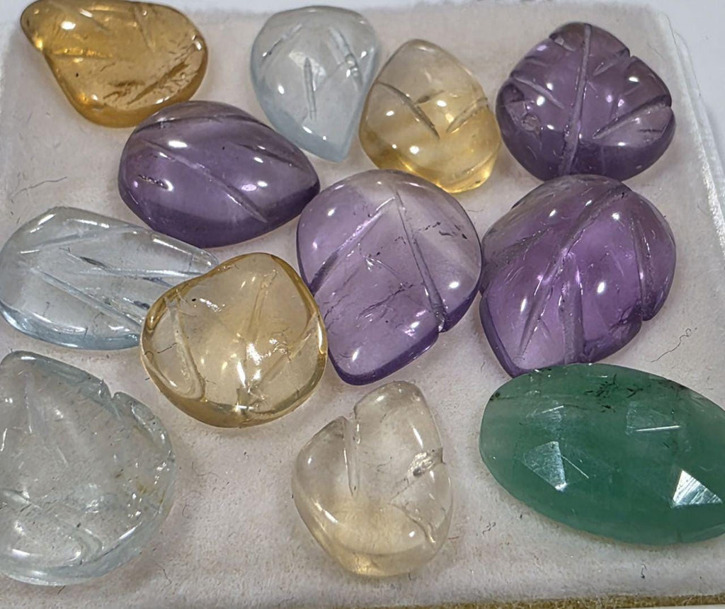 Multi Stone Carved Leaf Cabochon 12 Pcs Lot 9-11mm. - Amethyst, Citrine, Aquamarine, Emerald Cab