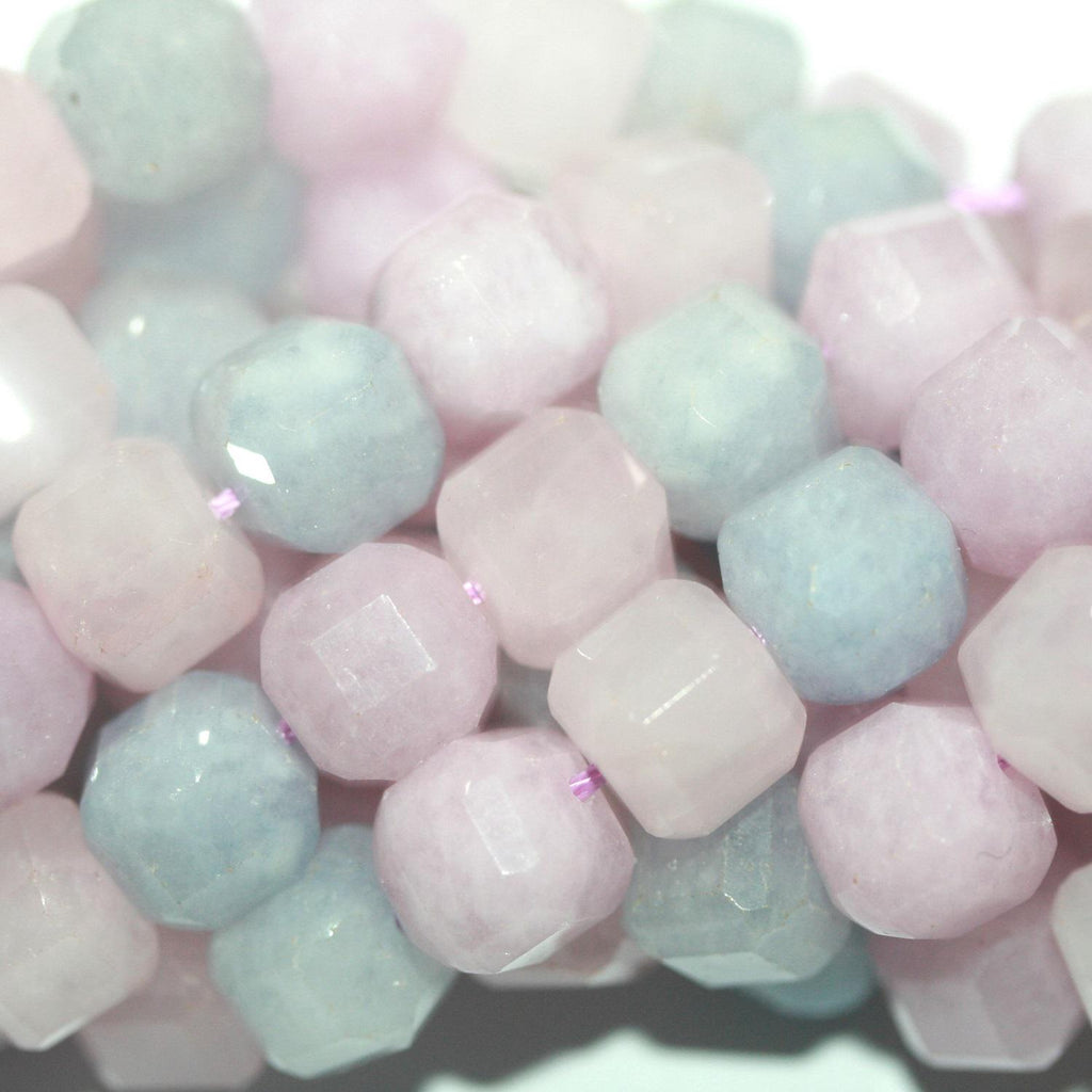 Cuentas de cuarzo rosa y aguamarina facetadas de 16" de 9 a 10 mm - Hilo de 40 cm.
