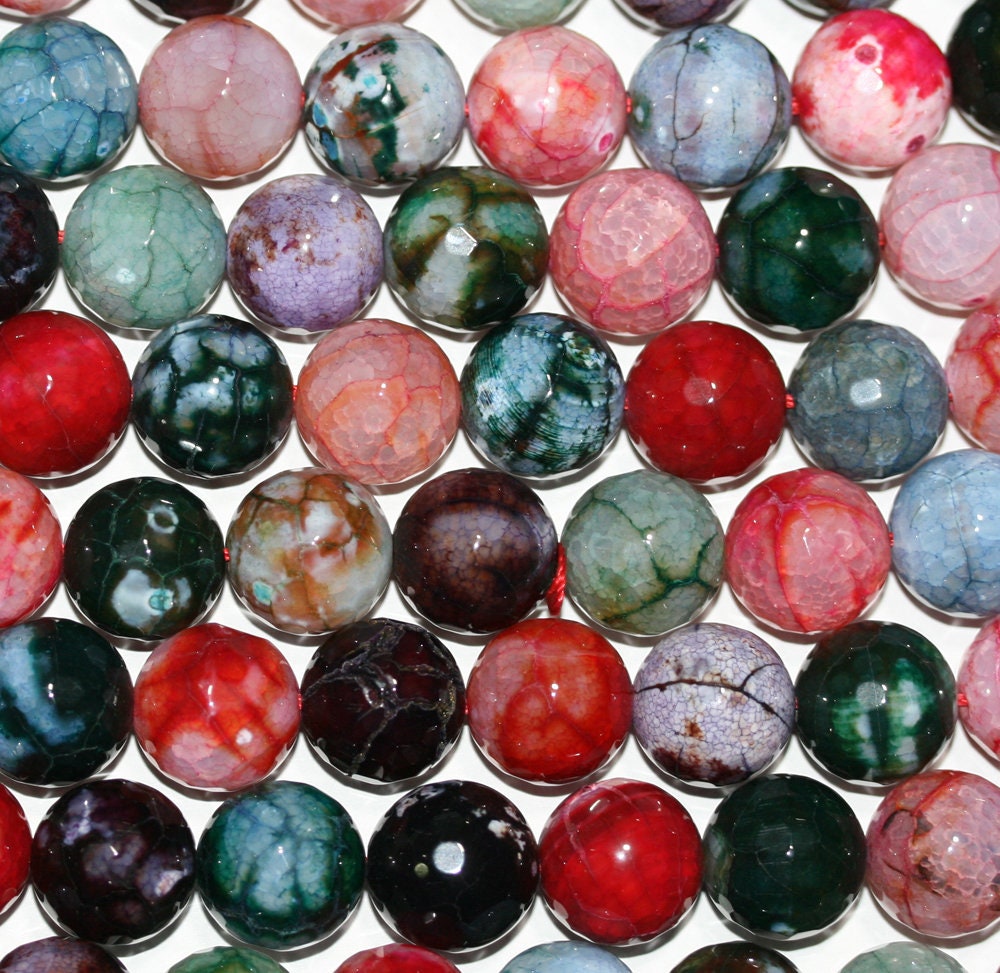 15" Perles rondes à facettes en agate multicolore, 16 mm - Fil de 39 cm