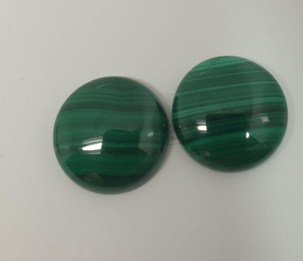 Lote de 2 cabujones redondos de malaquita de 20 mm (2 unidades). Malaquita genuina natural sin tratar.