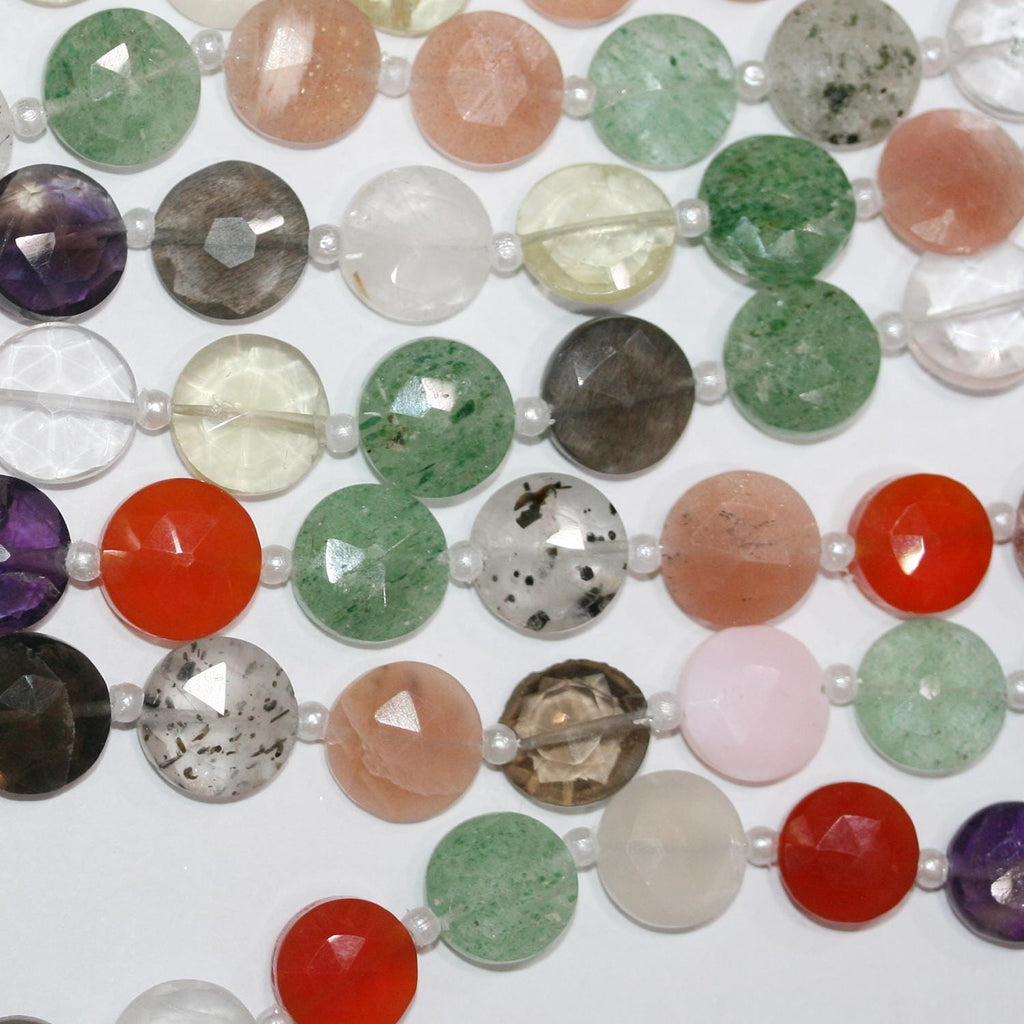 Perles de monnaie à facettes en pierre multiple de 8 pouces, 10 mm - Fil de 20 cm.