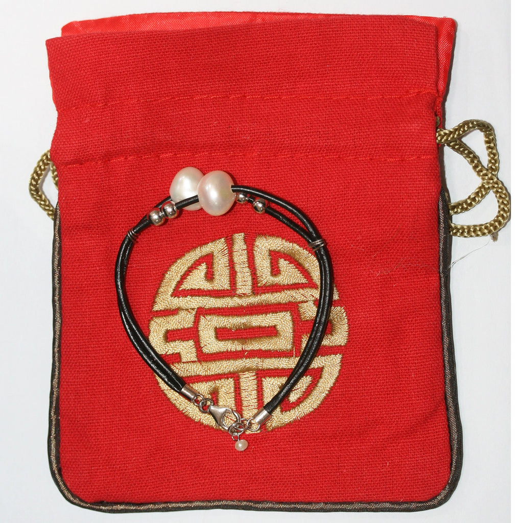 Bracelet en cuir argenté et perles baroques - Longueur 20 cm