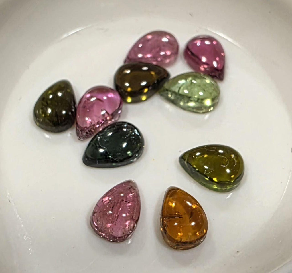 Lote de 10 cabujones de turmalina múltiple (6 x 4 mm) - Turmalina rosa y verde - Turmalina sandía