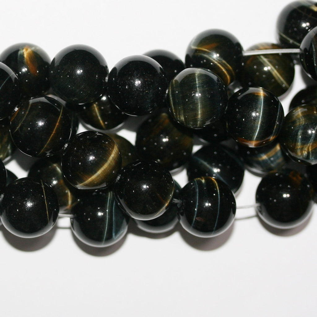 Perles rondes lisses œil de tigre St 15" 14 mm.-Rig 39 cm.