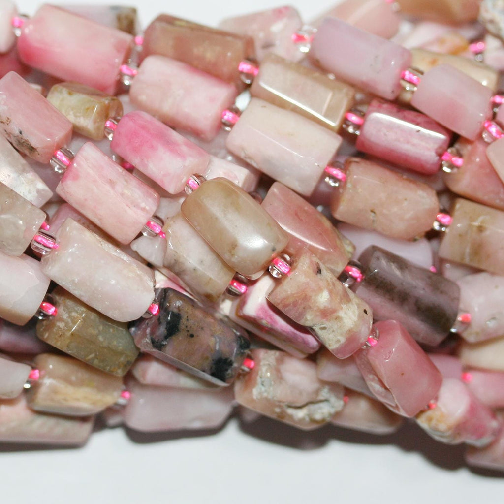 Perles tubulaires à facettes en opale rose St, 12 x 8 mm environ, 39 cm de long.