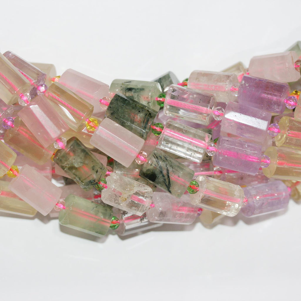 15" St Mix Quartz Facetté Tube Beads 15x10mm.-String 40cm.-Améthyste, Citrine, Quartz Rose, Cristal de Roche et Préhnite.