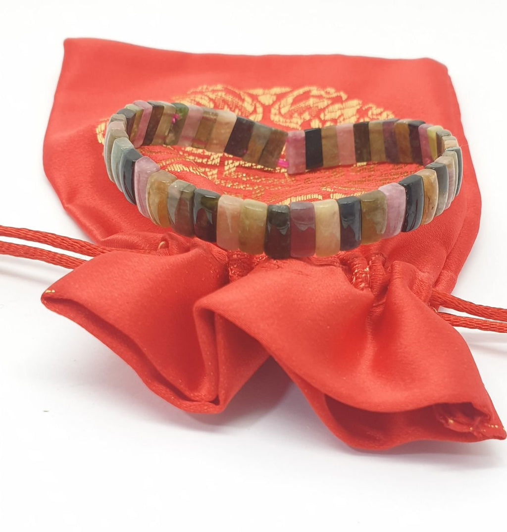 Pulsera elástica de turmalina natural multicolor con cuentas de 8 x 3 mm - Proveedor de joyería con cuentas de doble perforación -