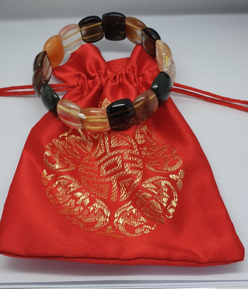 Pulsera elástica de cuarzo rutilado múltiple con cuentas de 15 x 13 mm - Proveedor de joyería con cuentas de doble perforación -