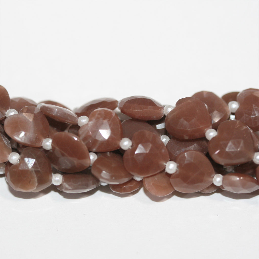 Cuentas de corazón facetadas de piedra lunar marrón de 7" 8x10 mm - Hilo de 17 cm.