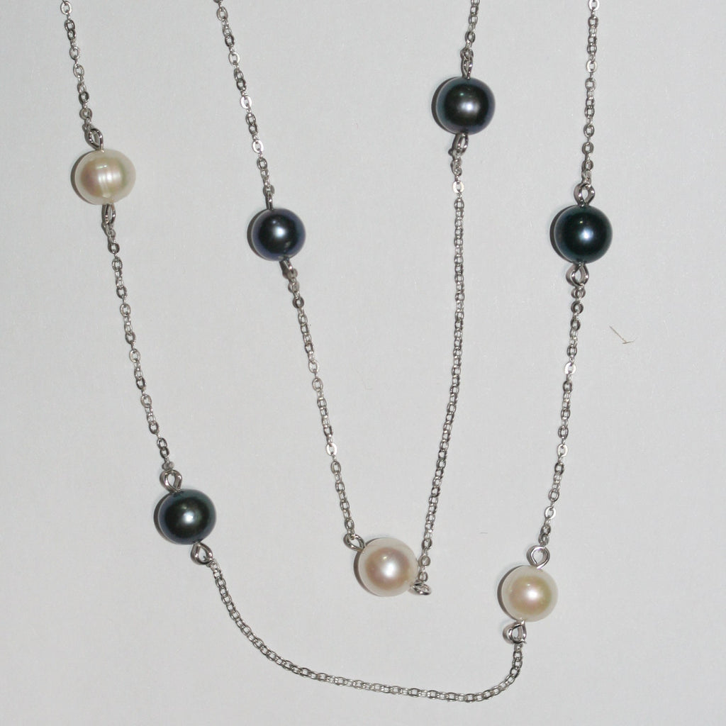 Silver W/ White-Gray Round Pearl Necklace -Long 74cm