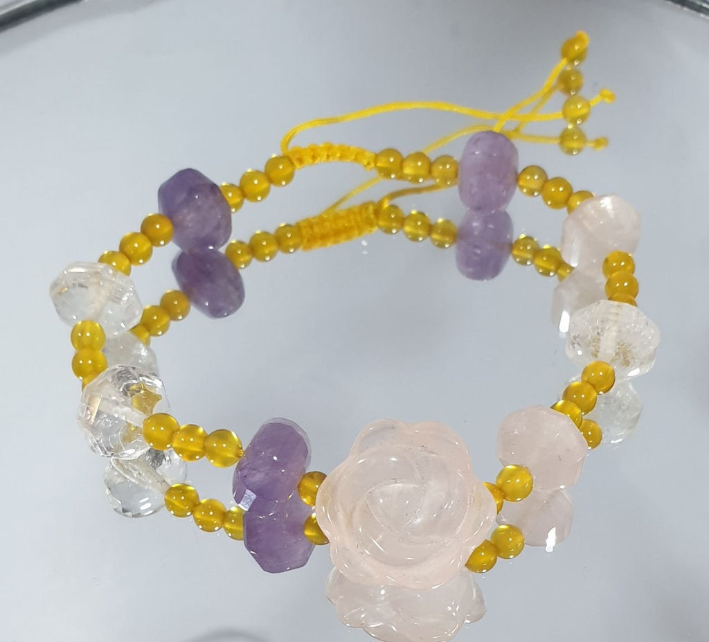 Pulsera de macramé con piedras preciosas rosas talladas - Proveedor de joyas con piedras preciosas - Poder curativo - Amatista, cuarzo rosa, cristal de cuarzo, ágata amarilla
