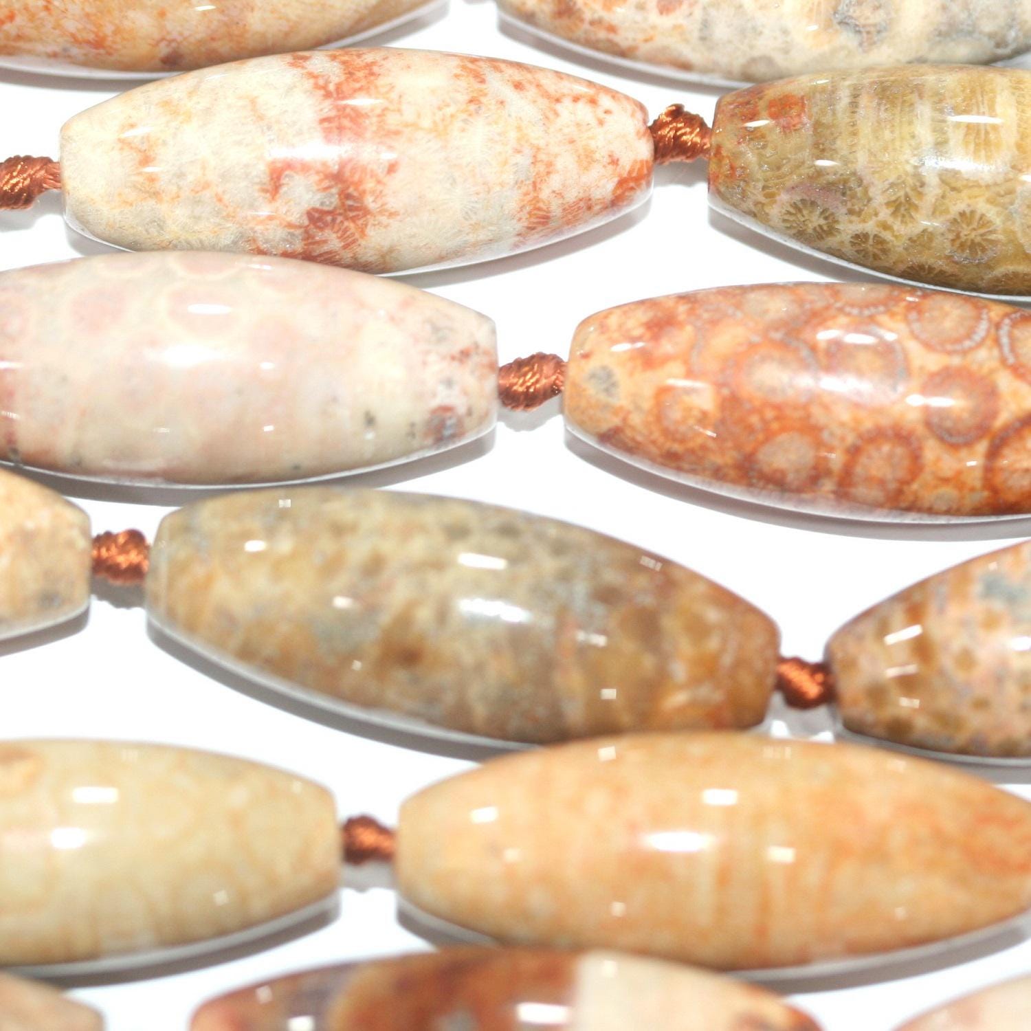 Cuentas de barril liso de ágata fosilizada marrón St. de 16", 41 x 16 mm aprox. - Hilo de 40 cm.