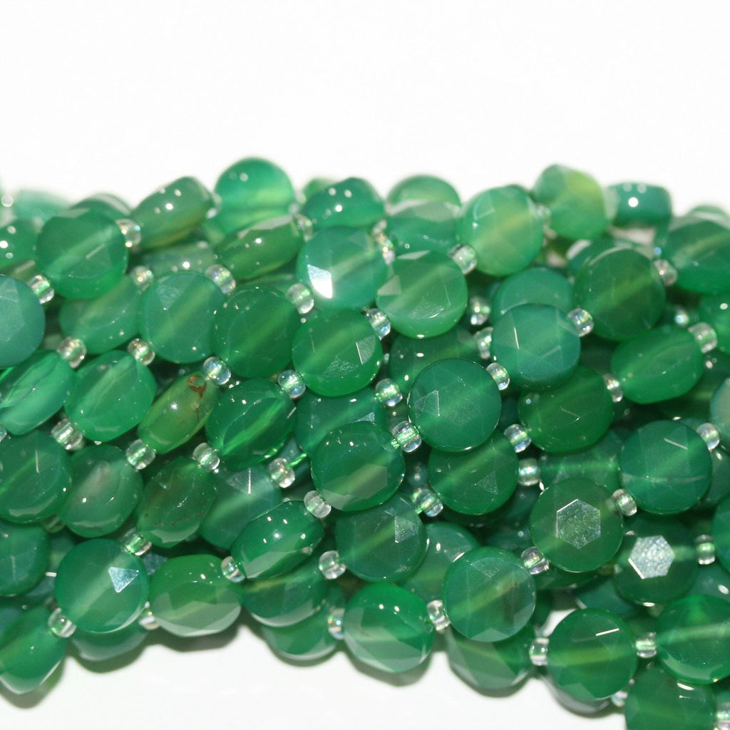 13" St Green Agate Faceted Coin Beads 10mm.-Strand 37cm