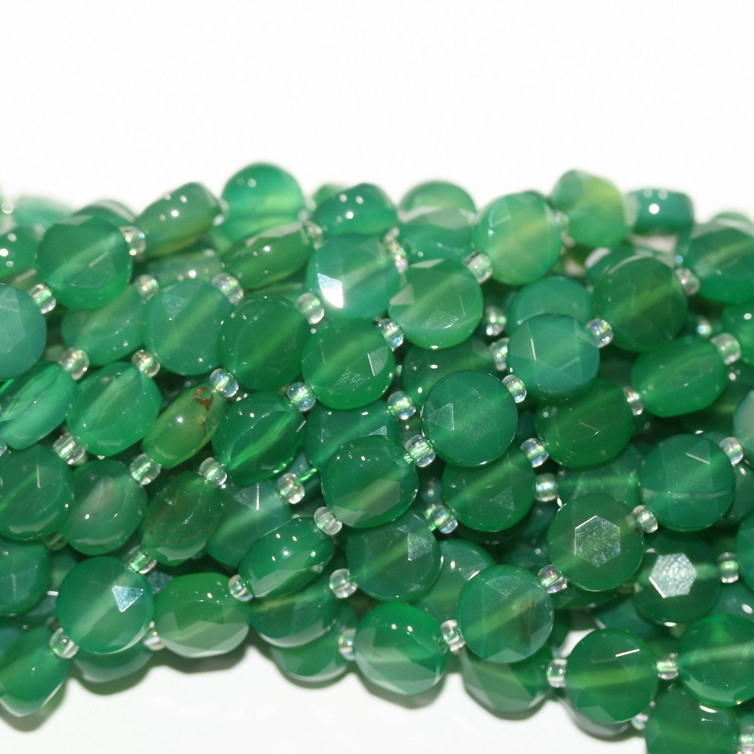 13" St Green Agate Faceted Coin Beads 10mm.-Strand 37cm
