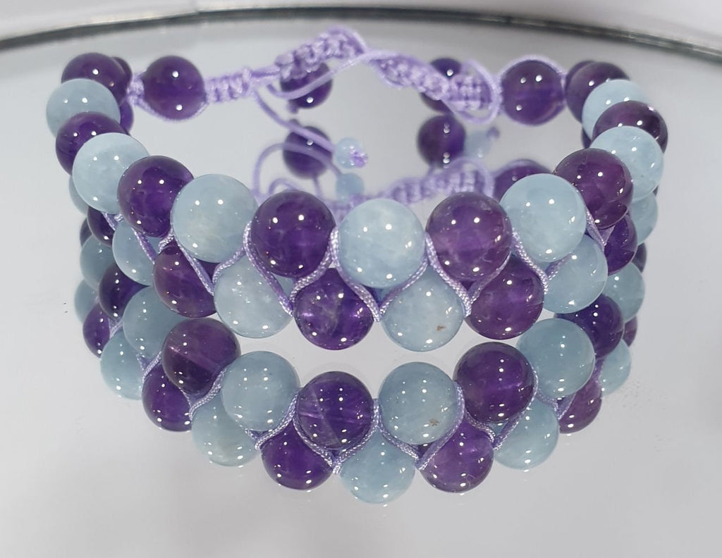 Bracelet en macramé avec aigue-marine AAA et améthyste - Fournisseur de bijoux en perles de pierres précieuses - Pouvoir de guérison - Améthyste et aigue-marine