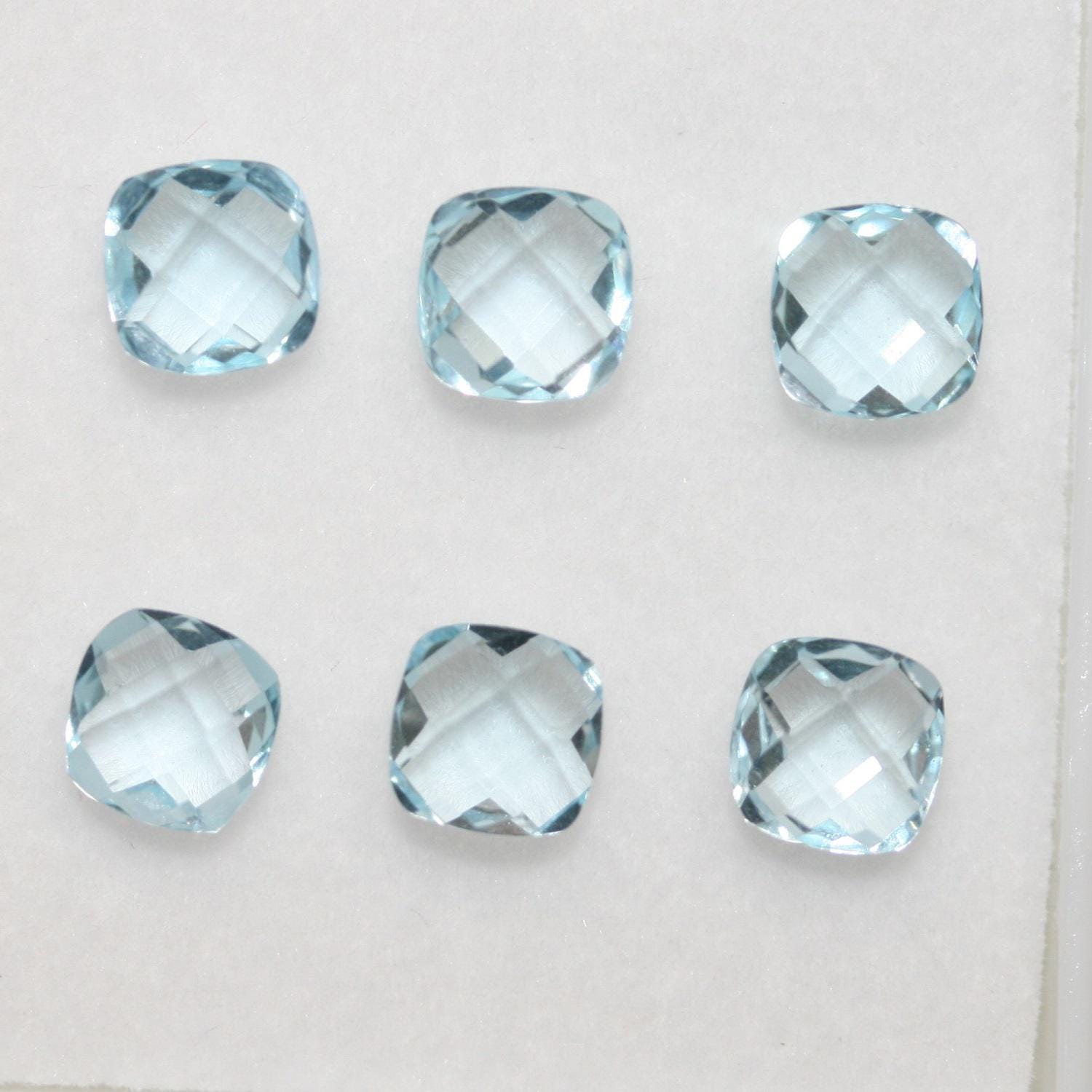 Lote de topacio cielo en forma de tablero de ajedrez doble, corte cojín, briolette, 6 mm - 6 piezas