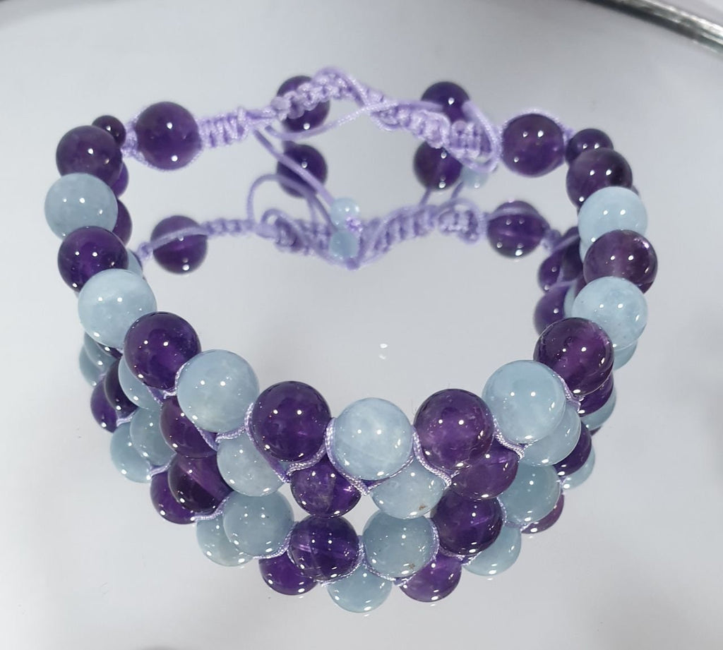 Bracelet en macramé avec aigue-marine AAA et améthyste - Fournisseur de bijoux en perles de pierres précieuses - Pouvoir de guérison - Améthyste et aigue-marine