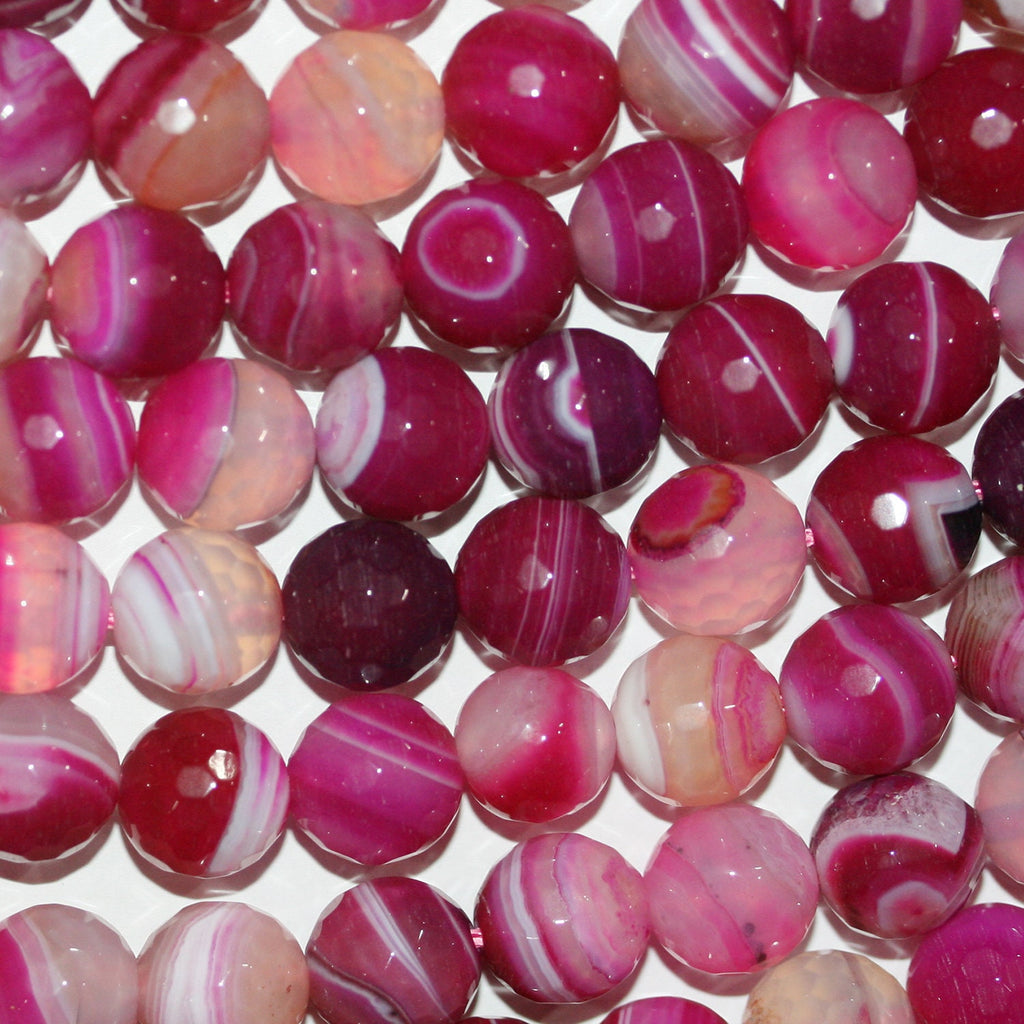 Cuentas redondas facetadas de ágata fucsia rayada de 40 cm (16"), 12 mm (tira).