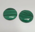 Lote de 2 cabujones redondos de malaquita de 20 mm (2 unidades). Malaquita genuina natural sin tratar.