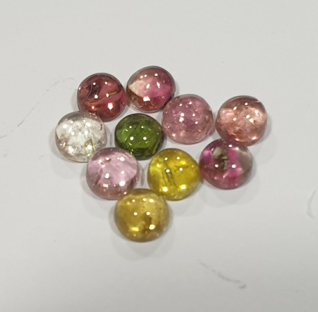 Multi Tourmaline 10Pcs Lot 4-4.2mm Pink Green Blue  Round Cabochon  Untreated Gems- Wholesale Gems DIY Supplier- Genuine Stones