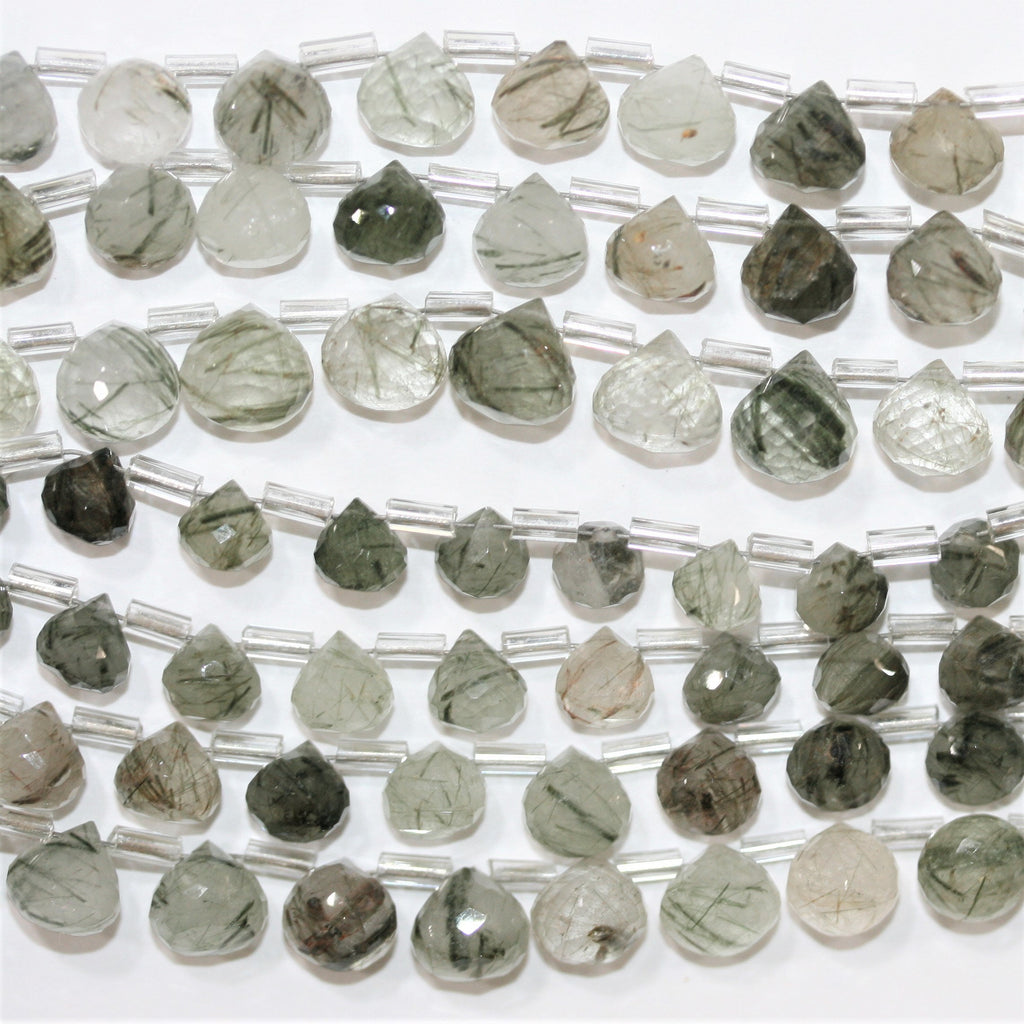 Perles en quartz tourmaliné St à facettes en forme de goutte, 9" 6-8 mm.- Brin 22 cm.