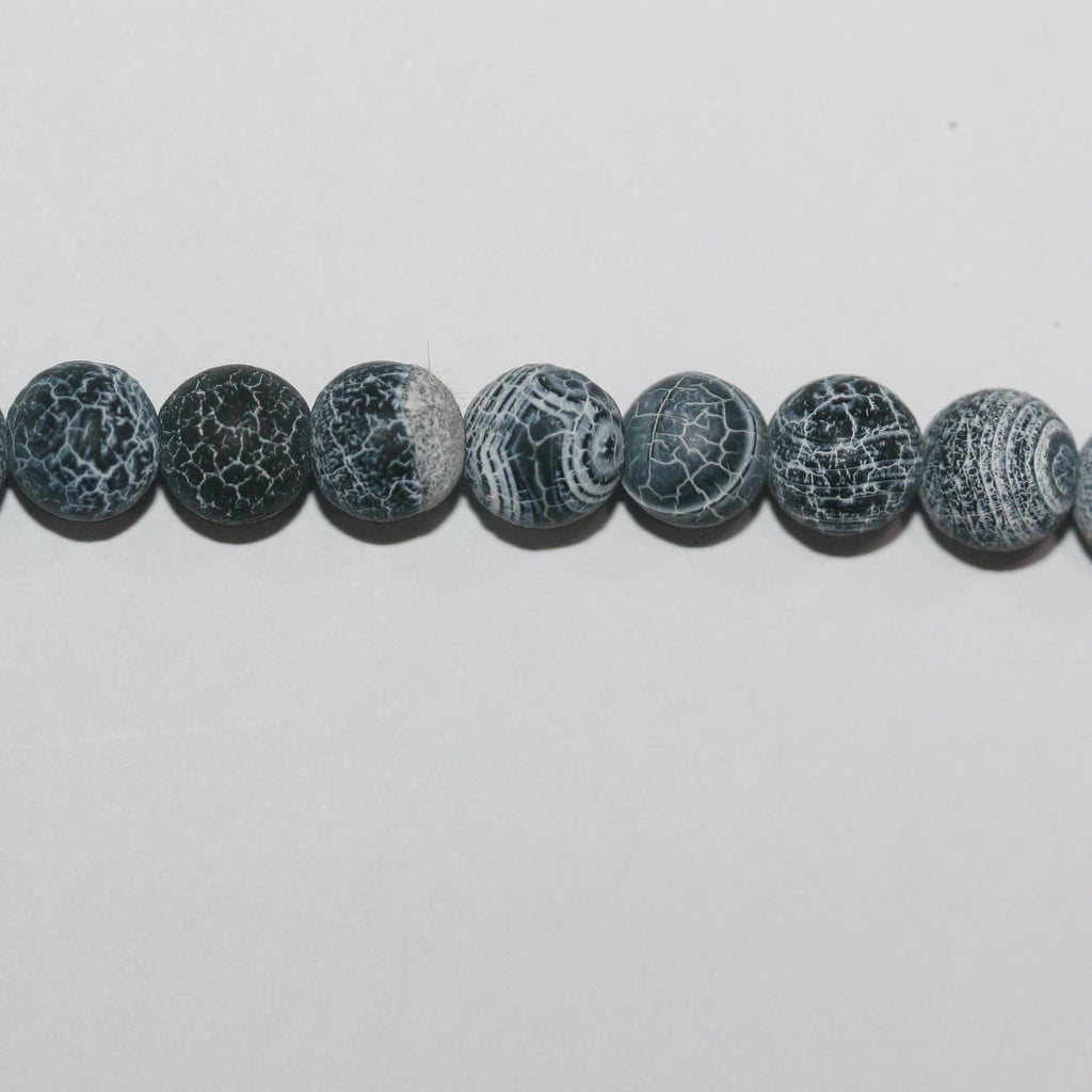 14" St Black Agate Smooth Matte Finish Cracked Round 8mm.-Strand 38cm.