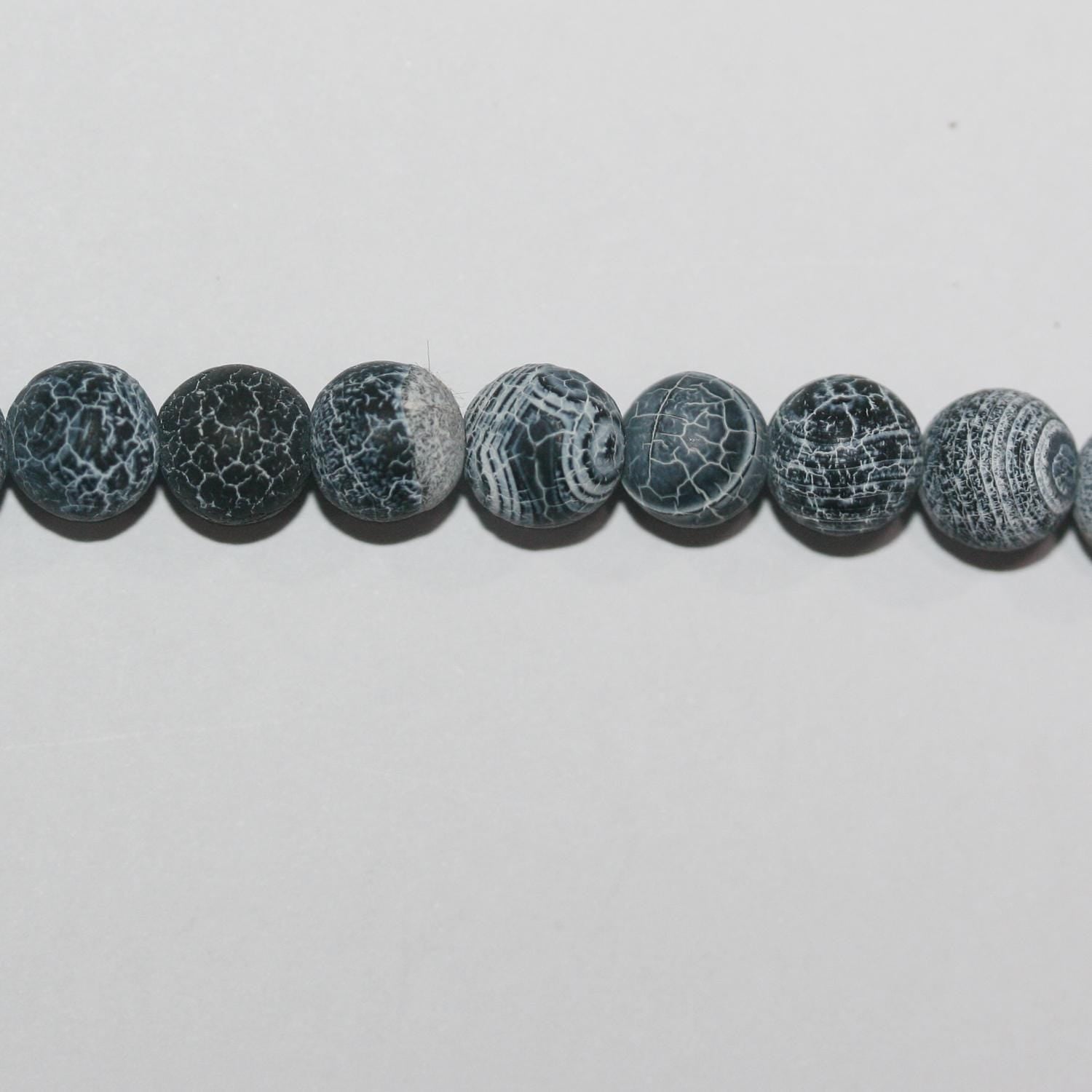 14" St Black Agate Smooth Matte Finish Cracked Round 8mm.-Strand 38cm.