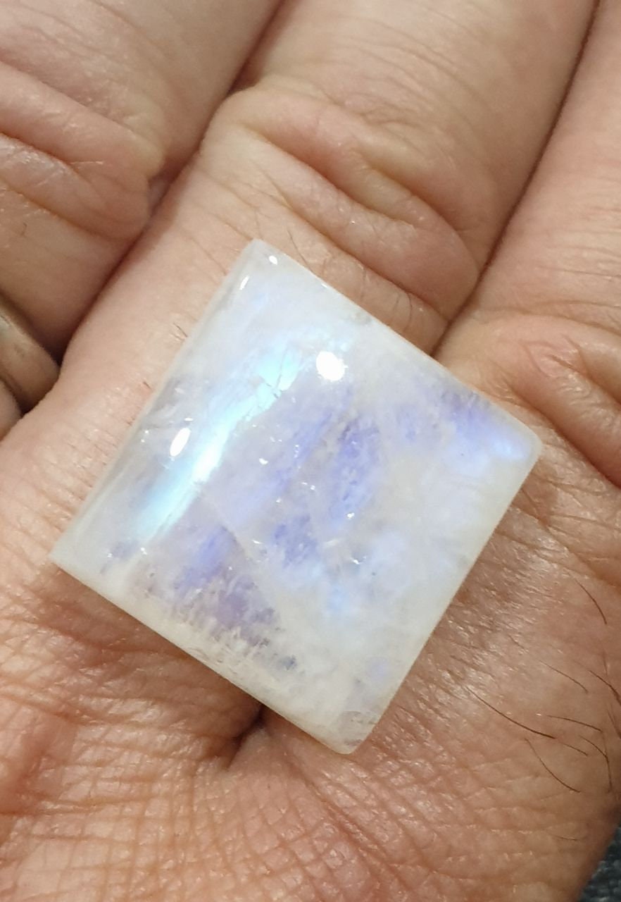 Pierre de lune bleue feu, cabochon carré 19 mm, 33,14 ct, belle adularescence, dos plat