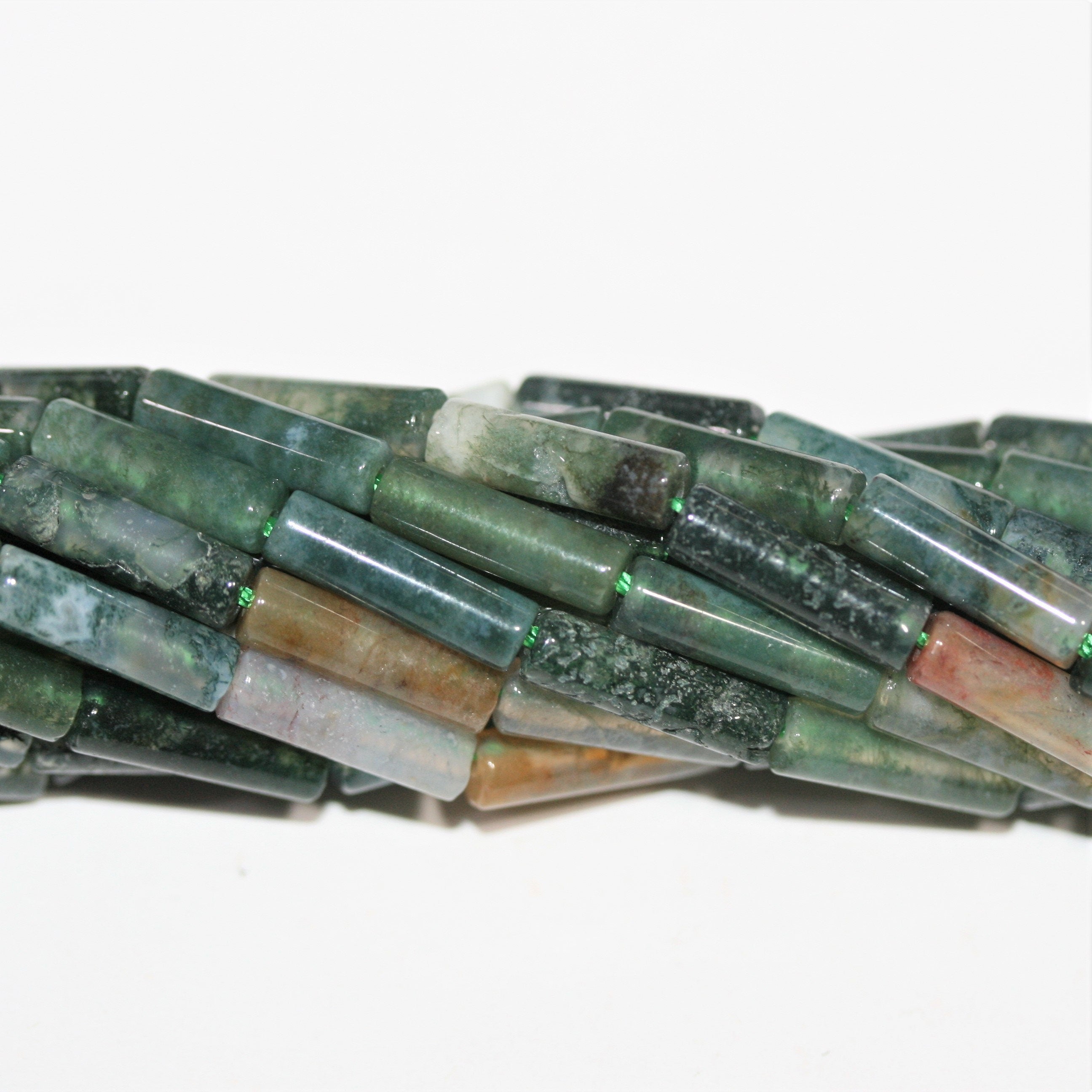 Cuentas de tubo liso de ágata musgosa de 16" de 14 x 4 mm - Tira de 40 cm.