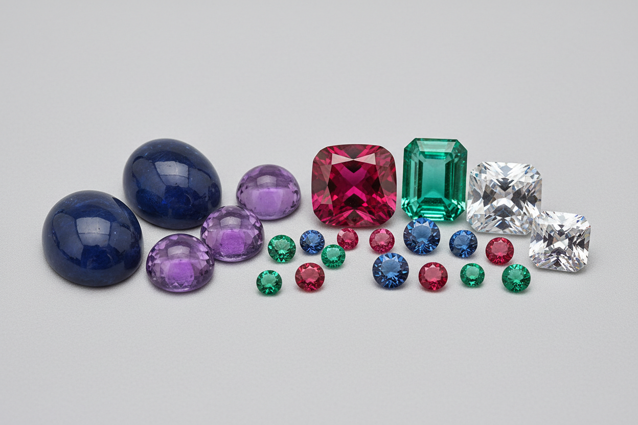 Different gem cabochons and cut stones