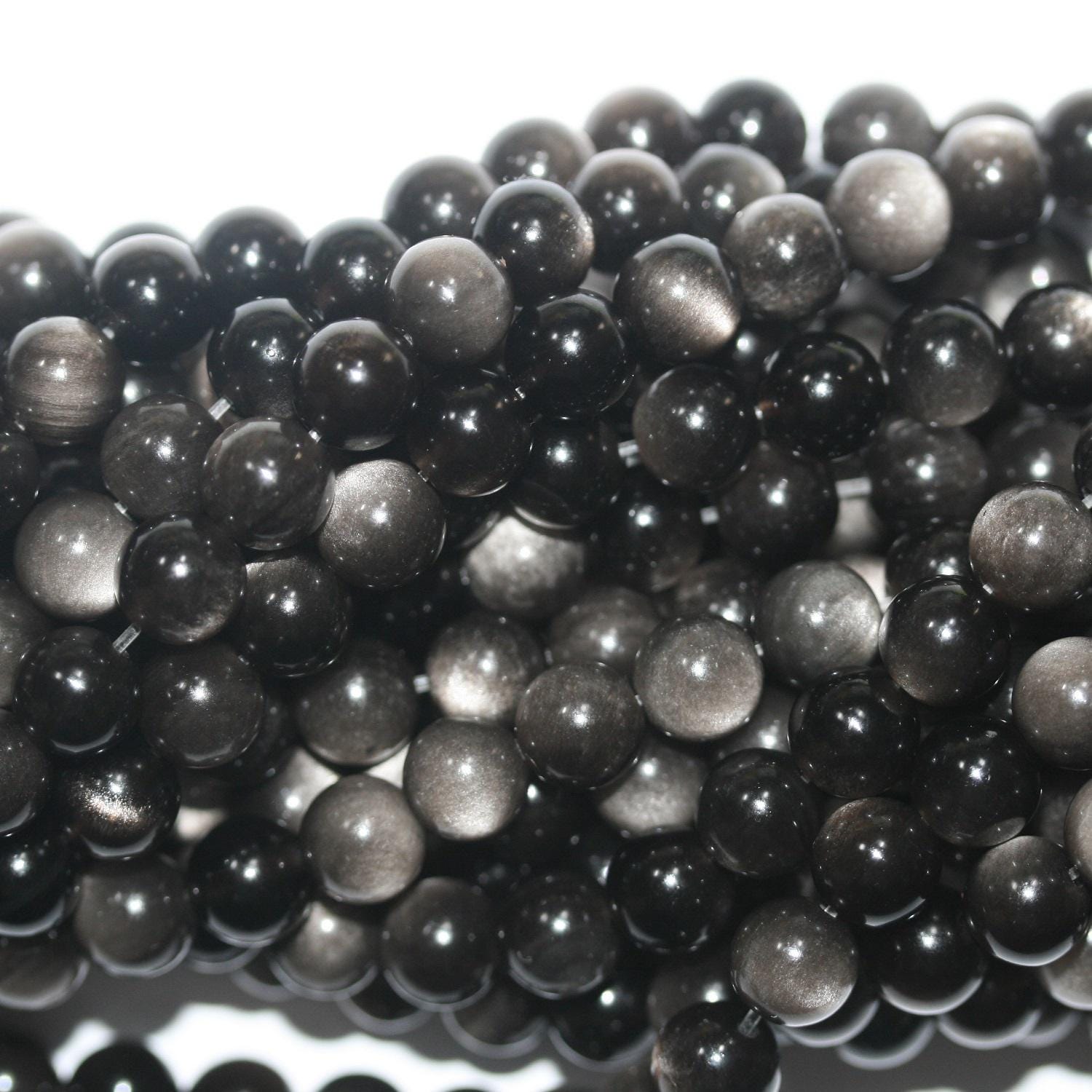 14" St  Silver Obsidian  Smooth Round Beads 10mm -Strand 38cm