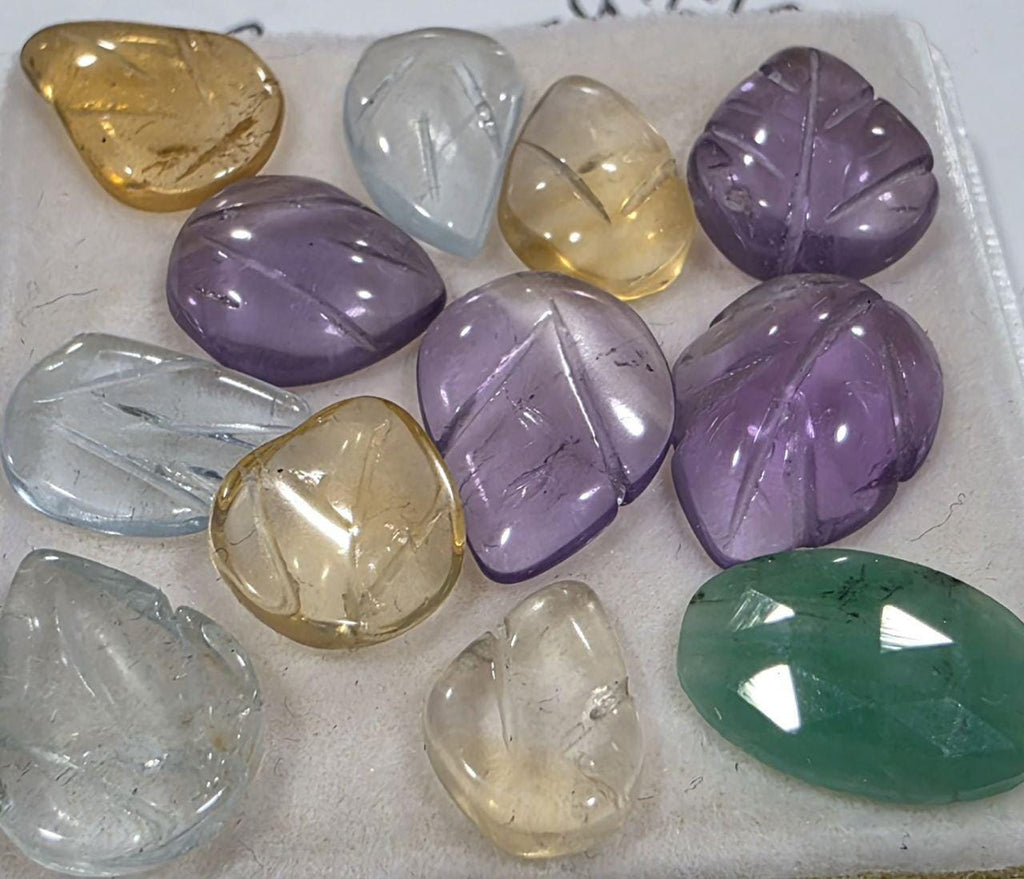 Multi Stone Carved Leaf Cabochon 12 Pcs Lot 9-11mm. - Amethyst, Citrine, Aquamarine, Emerald Cab
