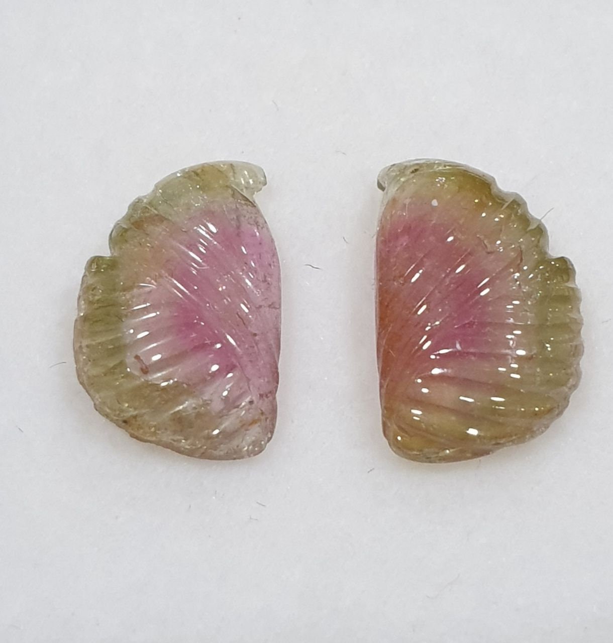 1 Matching Pair Carved Watermelon Tourmaline 13.4x8mm 5.9ct- Green And Pink Tourmaline- Water Melon Tourmaline