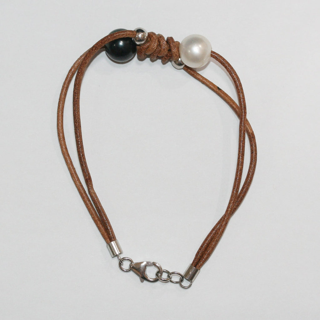 Bracelet en cuir argenté avec perle ronde - Longueur 20 cm