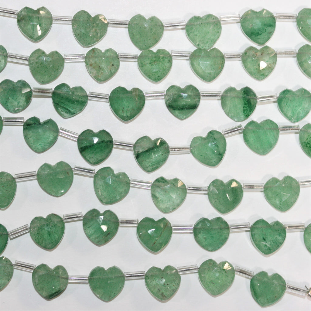 Cuentas de corazón facetadas de aventurina santa de 6", 9-10 mm, hilo de 16 cm.